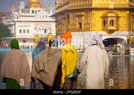 AMRITSAR, INDIEN - NOVEMBER 5: Sikh-Pilger im Goldenen Tempel während der Feier des Diwali-Tages im November 5, 2013 in Amritsar, Punjab, Indien. Stockfoto