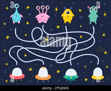 Finde die richtige fliegende Untertasse für jeden Außerirdischen. Weltraumlabyrinth-Puzzle für Kinder Stock Vektor
