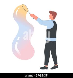 Mann-Blasspiel mit Seifenblase Riesenballons auf Schaumparty isolierte Cartoon-Flachvektor-Illustration Stock Vektor