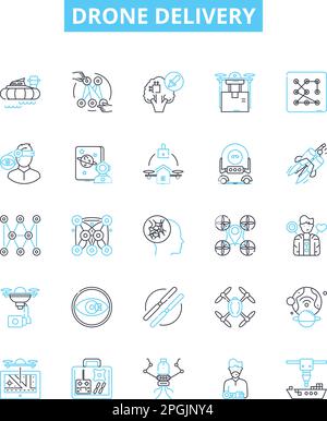 Drohnen-Vektorlinien-Symbole gesetzt. Drohne, Lieferung, Luftfahrt, Autonom, Versand, Darstellung von Service und Logistik zeigt Konzeptsymbole und -Schilder Stock Vektor