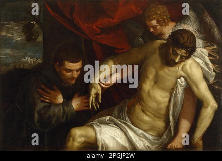 Der tote Christus, unterstützt von einem Engel und verehrt von einem Franziskaner 1584/1589 von Paolo Veronese Stockfoto