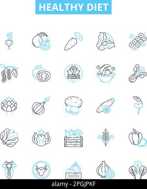 Gesunde Ernährung Vektorlinien Symbole gesetzt. Ernährung, Gesund, Ernährung, Obst, Gemüse, Vollprodukte, schlanke Illustration umreißen Konzeptsymbole und -Zeichen Stock Vektor