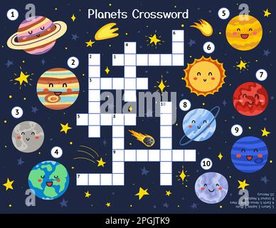 Sonnensystem Kreuzworträtsel mit süßen Planeten. Aktivitätenseite für Kinder Stock Vektor