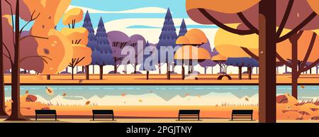 Holzbänke und Orangenbäume in der Nähe des Sees in der Herbstlandschaft des öffentlichen Sommerparks Stock Vektor