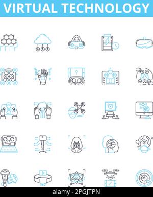 Vektorliniensymbole für virtuelle Technologie festgelegt. Virtuell, Technologie, Cloud, Automatisierung, Erweitert, Netzwerkbetrieb, Simulation Gliederungskonzept Stock Vektor