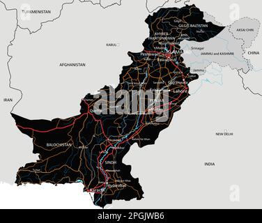 Hochdetaillierte Roadmap für Pakistan mit Kennzeichnung. Stock Vektor