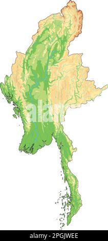 Sehr detaillierte physische Karte von Myanmar. Stock Vektor