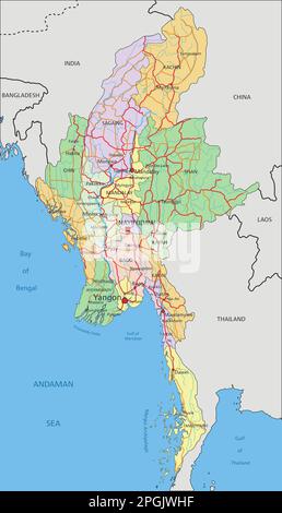 Myanmar - sehr detaillierte, bearbeitbare politische Karte mit Kennzeichnung. Stock Vektor