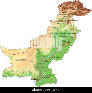 Sehr detaillierte physikalische Karte Pakistans mit Beschriftung. Stock Vektor