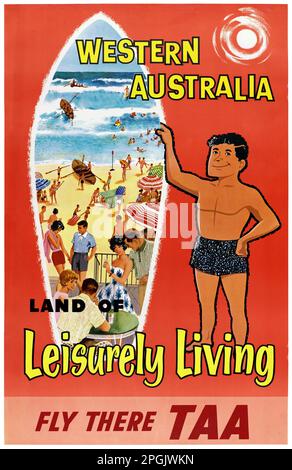 Westaustralien. Land des gemütlichen Lebens. Fliegen Sie dorthin, TAA. Künstler unbekannt. Poster in den 1960er in Australien veröffentlicht. Stockfoto