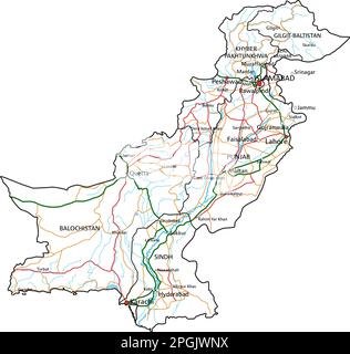 Straßen- und Autobahnkarte für Pakistan. Vektordarstellung. Stock Vektor