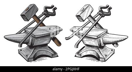 Amboss, Hammer, Zange. Metallbearbeitungswerkzeuge. Schmied-Handwerk-Konzept. Handgezeichnete Skizze Vintage-Vektordarstellung Stock Vektor