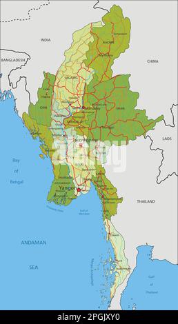 Sehr detaillierte, bearbeitbare politische Karte mit getrennten Schichten. Myanmar. Stock Vektor