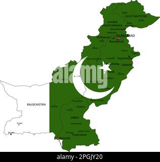 Pakistan sehr detaillierte politische Karte mit isolierter Nationalflagge auf weißem Hintergrund. Stock Vektor