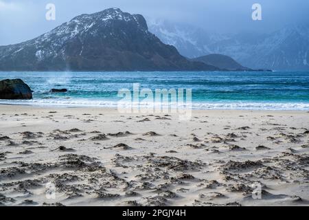 Türkisfarbene Nordatlantik, felsige Berge und geheimnisvolle Atmosphäre bei stürmischem Wetter am Haukland-Strand, den Lofoten-Inseln, dem Winter, Norwegen Stockfoto