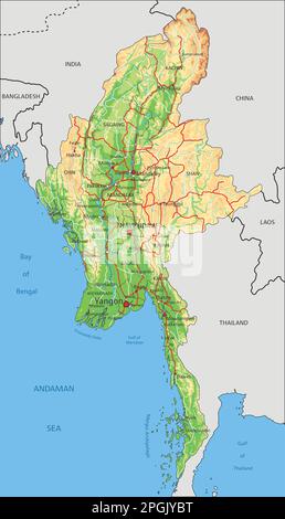 Sehr detaillierte physische Karte von Myanmar mit Beschriftung. Stock Vektor