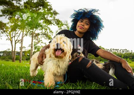 Goiania, Goias, Brasilien – 20. März 2023: Eine junge schwarze Frau mit lockigem Haar, blau gefärbt, die mit ihren Hunden auf dem Rasen eines Parks sitzt. Stockfoto
