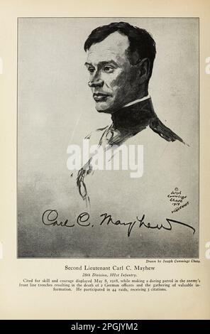 Zweiter Leutnant Carl C. Mayhew 26. Division, 101. Infanterie. Angeführt für Geschick und Mut zeigte sich am 8. Mai 1918, während sie eine gewagte Patrouille in den vordersten Gräben des Feindes machten, die zum Tod von 2 deutschen Offizieren und zur Sammlung wertvoller Informationen führte. Er nahm an 44 Razzien Teil und erhielt 3 Zitate. Aus dem Buch " Deeds of Heroism and Tapvery : the book of Heroes and Personal Daring " von Elwyn Alfred Barron und Rupert Hughes, Publication Date 1920 Publisher New York : Harper & Brothers Publishers Stockfoto