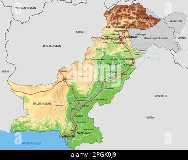 Sehr detaillierte physikalische Karte Pakistans mit Beschriftung. Stock Vektor