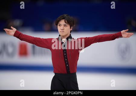 Saitama, Japan. 23. März 2023. UNO Shoma of Japan tritt während des Herrenkurses bei der ISU World Figure Skating Championships in der Saitama Super Arena in Saitama, Japan, am 23. März 2023 auf. Kredit: Pablo Morano/Xinhua/Alamy Live News Stockfoto