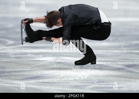 Saitama, Japan. 23. März 2023. Lukas Britschgi aus der Schweiz tritt während des Herrenkurzes bei der ISU World Figure Skating Championships in der Saitama Super Arena in Saitama, Japan, am 23. März 2023 auf. Kredit: Zhang Xiaoyu/Xinhua/Alamy Live News Stockfoto