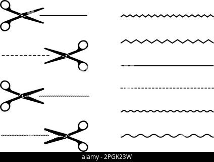 Symbolsatz mit schwarzen Scheren mit verschiedenen Schnittlinien. Abbildung eines flachen Vektors Stock Vektor