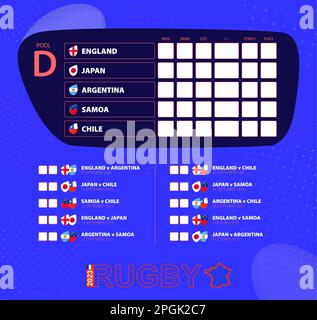 Rugby Cup 2023, Spielplan Pool D. Flaggen von England, Japan, Argentinien, Samoa, Chile. Vorlage für Rugby-Turnier. Stock Vektor