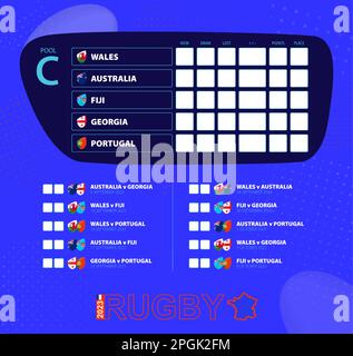 Rugby Cup 2023, Spielplan zusammenlegen. Flaggen von Wales, Australien, Fidschi, Georgien, Portugal. Vorlage für Rugby-Turnier. Stock Vektor