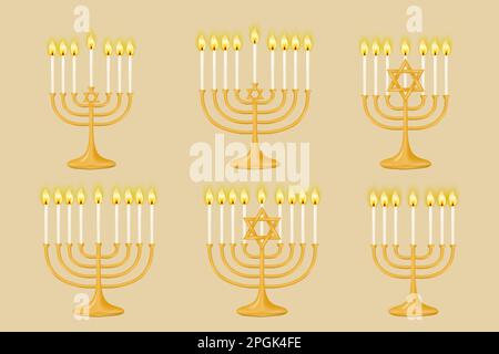 Set aus goldener Hanukkiah Menorah für sieben und neun Kerzen auf beigem Hintergrund. Menorah mit Kerzen. Perfekt für Ihre Urlaubsgestaltung. Vektor illustr Stock Vektor