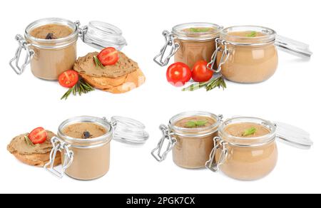 Glasgläser mit köstlicher Leberpastete auf weißem Hintergrund, Collage Stockfoto