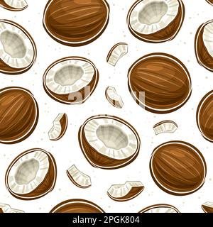 Vector Coconut Seamless Pattern, dekorativer, sich wiederholender Hintergrund mit ausgeschnittener Darstellung reifer ganzer Kokosnüsse und gerissener Kokosnüsse für Geschenkpapier, grou Stock Vektor