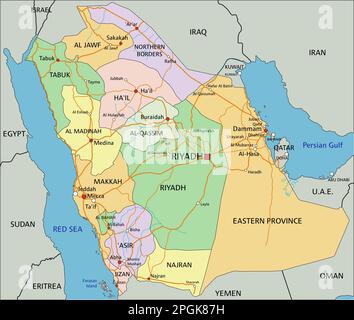 Saudi-Arabien - sehr detaillierte, bearbeitbare politische Karte mit Kennzeichnung. Stock Vektor