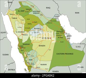 Sehr detaillierte, bearbeitbare politische Karte mit getrennten Schichten. Saudi-Arabien. Stock Vektor