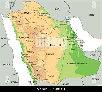 Hochdetaillierte physische Karte Saudi-Arabiens mit Beschriftung. Stock Vektor