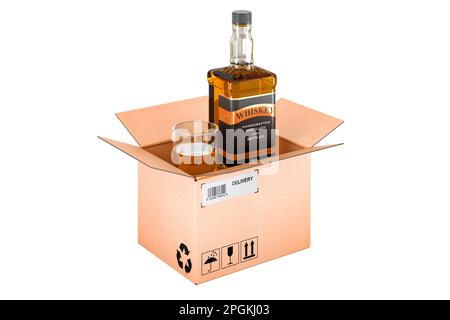 Whiskey-Flasche und vollständiges Glas Whiskey in einem Karton, Lieferkonzept. 3D-Rendering auf weißem Hintergrund isoliert Stockfoto