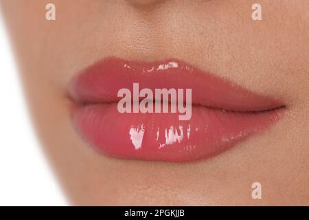 Schöne Frau mit perfekten Lippen, Nahaufnahme. Permanentes Make-up Stockfoto