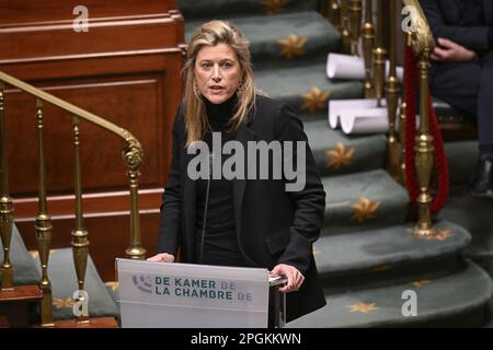 Brüssel, Belgien. 23. März 2023. Innenminister Annelies Verlinden nahm an einer Feier am Denkmal in der Brüsseler Wetstraat/Rue de la Loi zur Erinnerung an die Terroranschläge von 2016 in Brüssel am Mittwoch, den 22. März 2023, Teil. Am 22 2016. März wurden 32 Menschen bei Selbstmordanschlägen auf dem nationalen Flughafen Zaventem und der Metrostation Maalbeek/Maelbeek, die von ISIL beansprucht wurden, getötet und 324 verletzt. BELGA FOTO LAURIE DIEFFEMBACQ Kredit: Belga News Agency/Alamy Live News Stockfoto