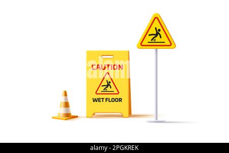 3D-Set Darstellung eines gelben Kunststoffschilds für nassen Boden, Straßenschild mit rutschiger Oberfläche und Kunststoffkegel Stock Vektor
