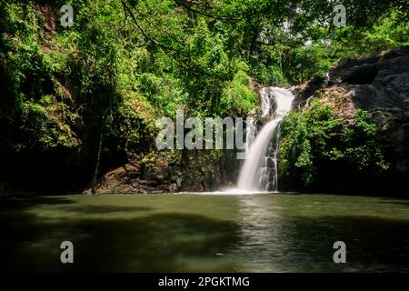 Ein Wasserfall im Wald, ein natürlicher Wasserstrom, der aus einer Höhe unter Ihnen durch die Felsen fließt und eine Feuchtigkeit erzeugt. Im Wald von Thai Stockfoto