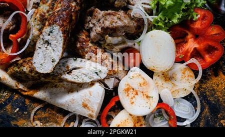 shish Kebab Shashlik Gemüsesortiment Stockfoto