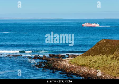 Die Gills Bay nach Orkney Fähre, der MV Alfred, vorbei an der östlichen Seite von St. John's Point, Caithness, Schottland, Großbritannien Stockfoto