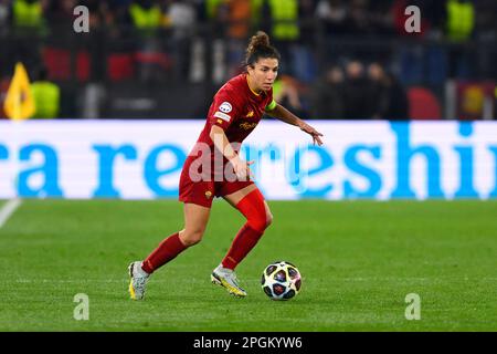 Rom, Italien. 21. März 2023. Catalina Coll vom FC Barcelona während des Viertelfinals, 1.-Beine UEFA Women's Champions League zwischen A.S. Rom und FC Barcelona am 21. März 2023 im Stadio Olimpico in Rom. (Foto: Domenico Cippitelli/Pacific Press) Kredit: Pacific Press Media Production Corp./Alamy Live News Stockfoto