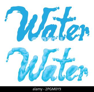 Mit dem Wort Wasser mit flüssigem Effekt und Tropfen, einer in flacher Silhouette und der andere im Cartoon-Stil auf weißem Hintergrund. Stock Vektor