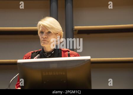 Mons, Belgien. 23. März 2023. Hofvorsitzende Martine BAES, das während der Verfassungssitzung der Jury bei dem assizes-Prozess von Goffin zum Tod seiner Frau Eliane Abrassart vor dem Assizes Court der Provinz Hennegau am Donnerstag, dem 23. März 2023 in Mons, abgebildet wurde. Der 76-jährige Goffin wird des Mordes an seiner Frau am 27. April 2019 in Ham-sur-Heure-Nalinnes beschuldigt. BELGA FOTO HATIM KAGHAT Kredit: Belga News Agency/Alamy Live News Stockfoto