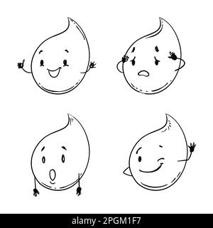 Vier niedliche Tropfen mit Gesicht und Armen in verschiedenen Gesten: Glücklich, besorgt, überrascht und zwinkernd. Design im Doodle-Stil und Umrisse zum Ausmalen von Akti Stock Vektor