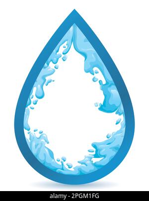 Isolierter Rahmen in Form eines Tropfens mit Wasserspritzern und Tröpfchen im Inneren, auf weißem Hintergrund. Stock Vektor