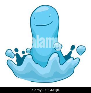 Fröhlicher blauer Charakter, der durch den Aufprall eines Tropfens mit Wasserspritzern im Cartoon-Stil geformt wurde. Stock Vektor