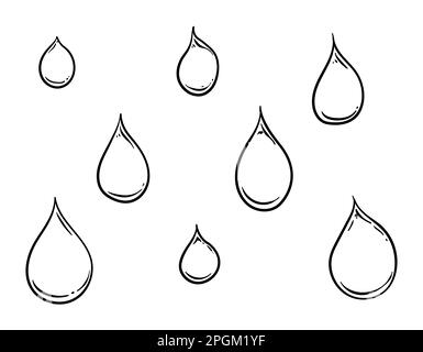 Gruppe verschiedener Tröpfchen in handgezeichneter Form auf weißem Hintergrund. Stock Vektor