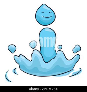 Blaues Zeichenprodukt des Aufpralls eines Tropfens, mit lächelnden Gesten, einigen Spritzer und Wellen. Cartoon-Design. Stock Vektor