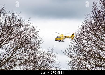 National Grid Yellow Electricity Helikopter in Hampshire England Stockfoto